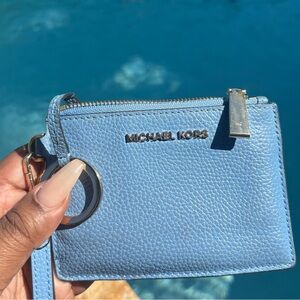 Michael Kors Sky Light Blue Leather Coin Card Leather Wallet Wristlet Purse